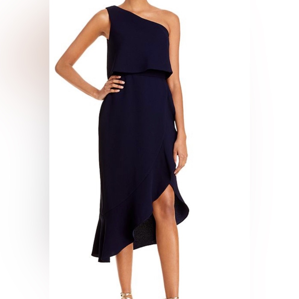New with tags Bloomingdale’s Exclusive navy blue one shoulder dress. Size 4